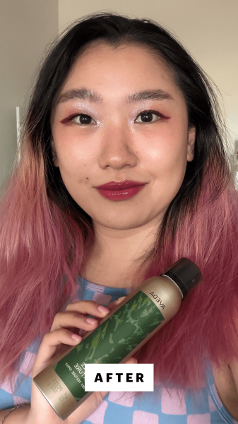 Allure commerce editor Sarah Han after applying the Aveda Tousled Texture Dry Texture Spray