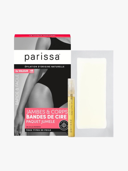 Parissa Natural Legs & Body Wax Strips in branded component on a light gray background