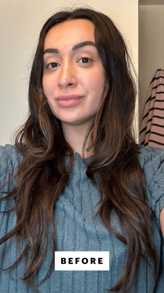 Former Allure shopping market editor Angela Trakoshis before applying the IGK Beach Club Touchable Texture Spray